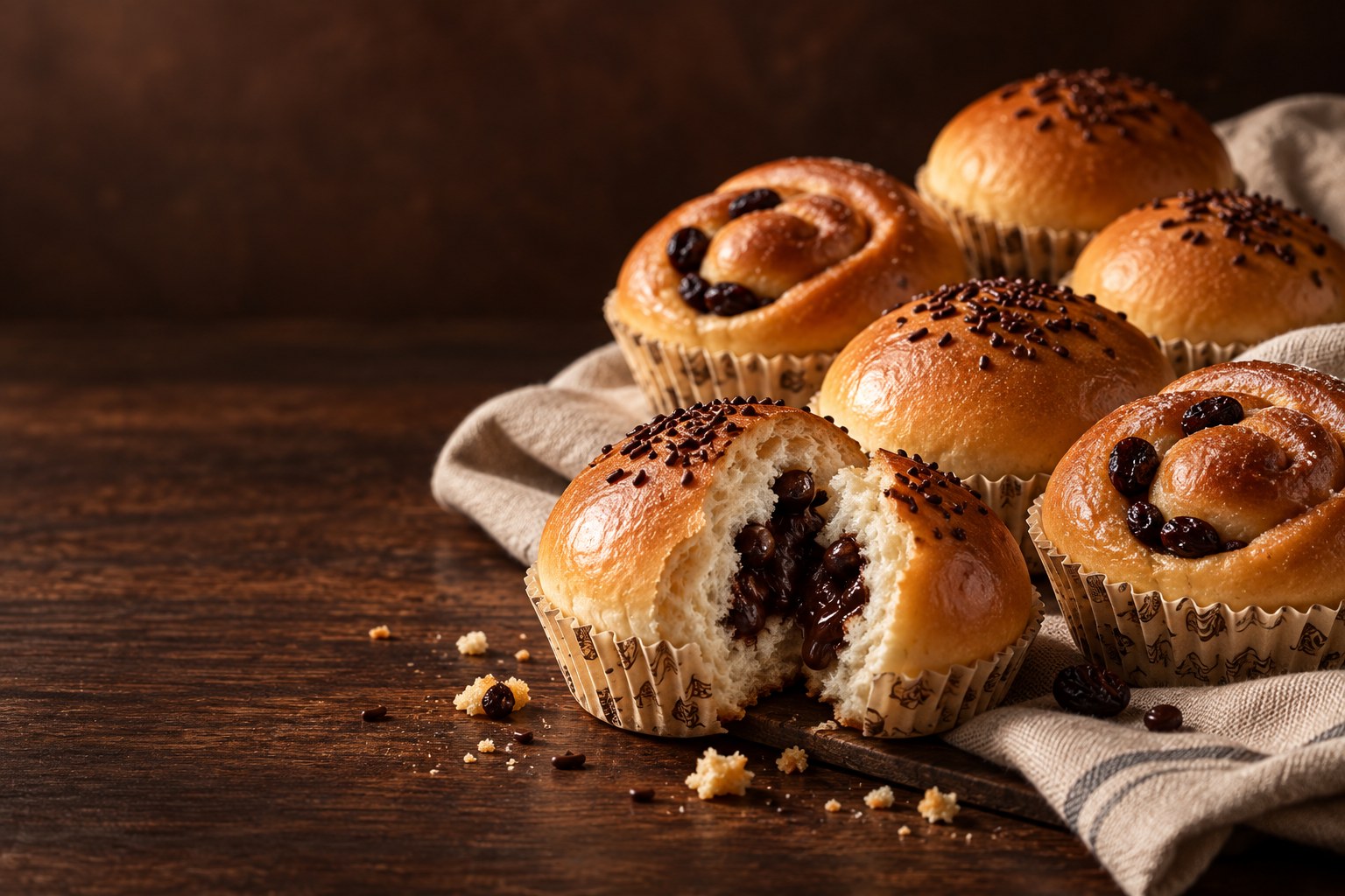 An editorial arrangement of golden buns on dark walnut with natural linen